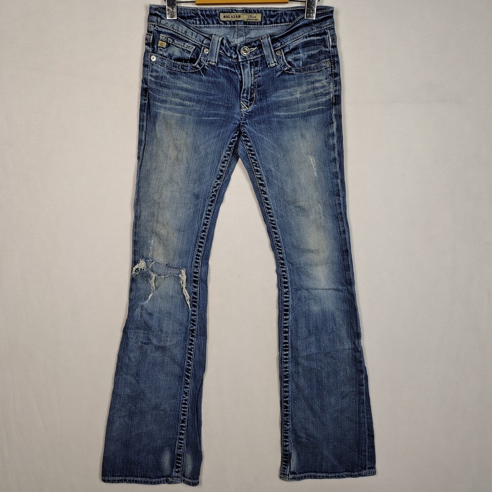 Big Star Sweet Ultra-Low Rise Distressed Bootcut Jeans Blue 27L Y2K Distressed